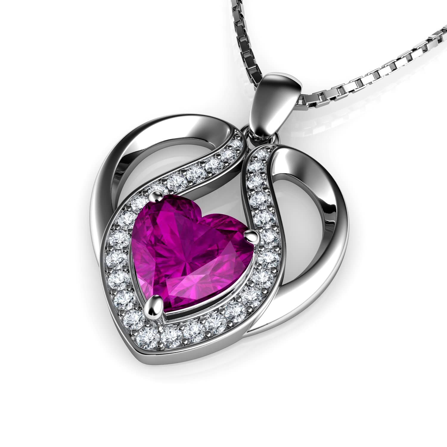DEPHINI Crystal Heart Necklace – 925 Sterling Silver, Cubic Zirconia Pendant, Rhodium Plated Jewellery for Women (Pink 3)