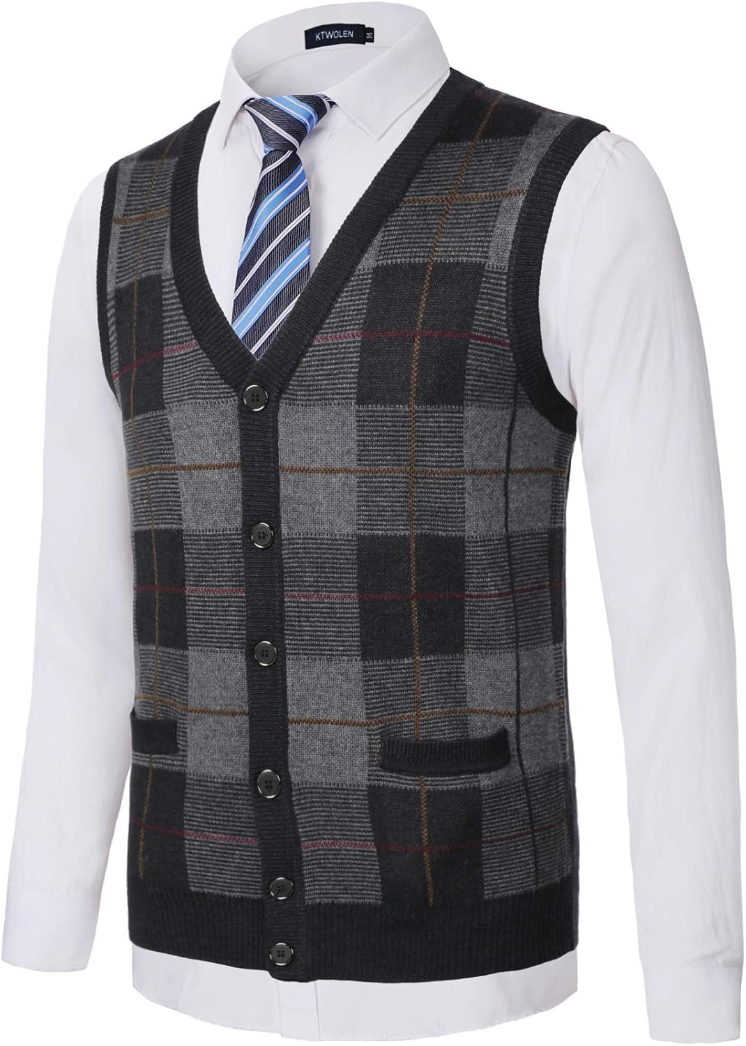 KTWOLEN Mens Casual Sweater Jumpers Stripes Knitted Gilets Sleeveless