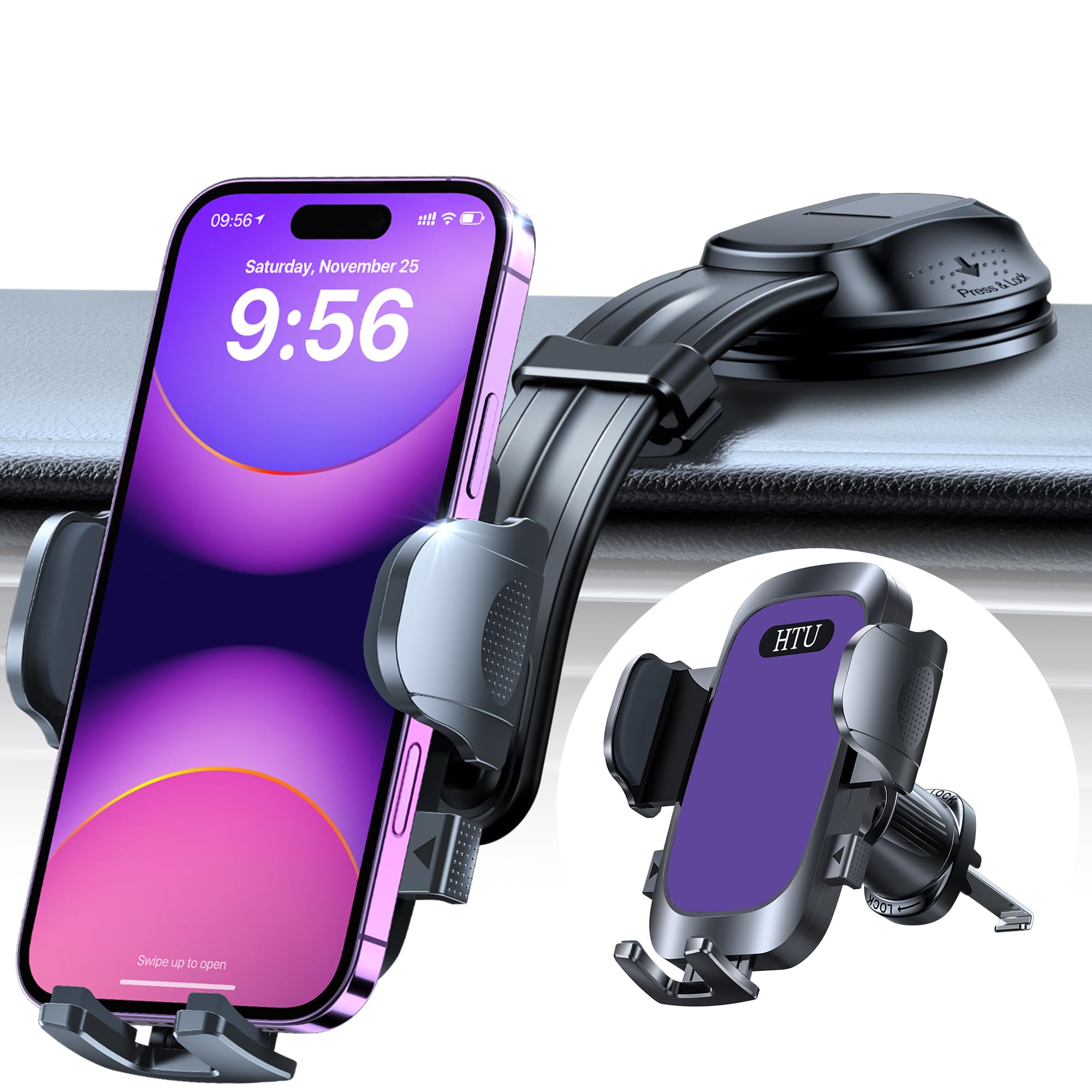 Photo 1 of HTU Upgraded Strongest Suction Car Phone Holder Bendable Arm, Never Block View Rotatable Cellphone Mount for Dashboard Windshield Vent, Cradle Stand for iPhone 16 15 14 13 12 Pro Max (Roland Purple)