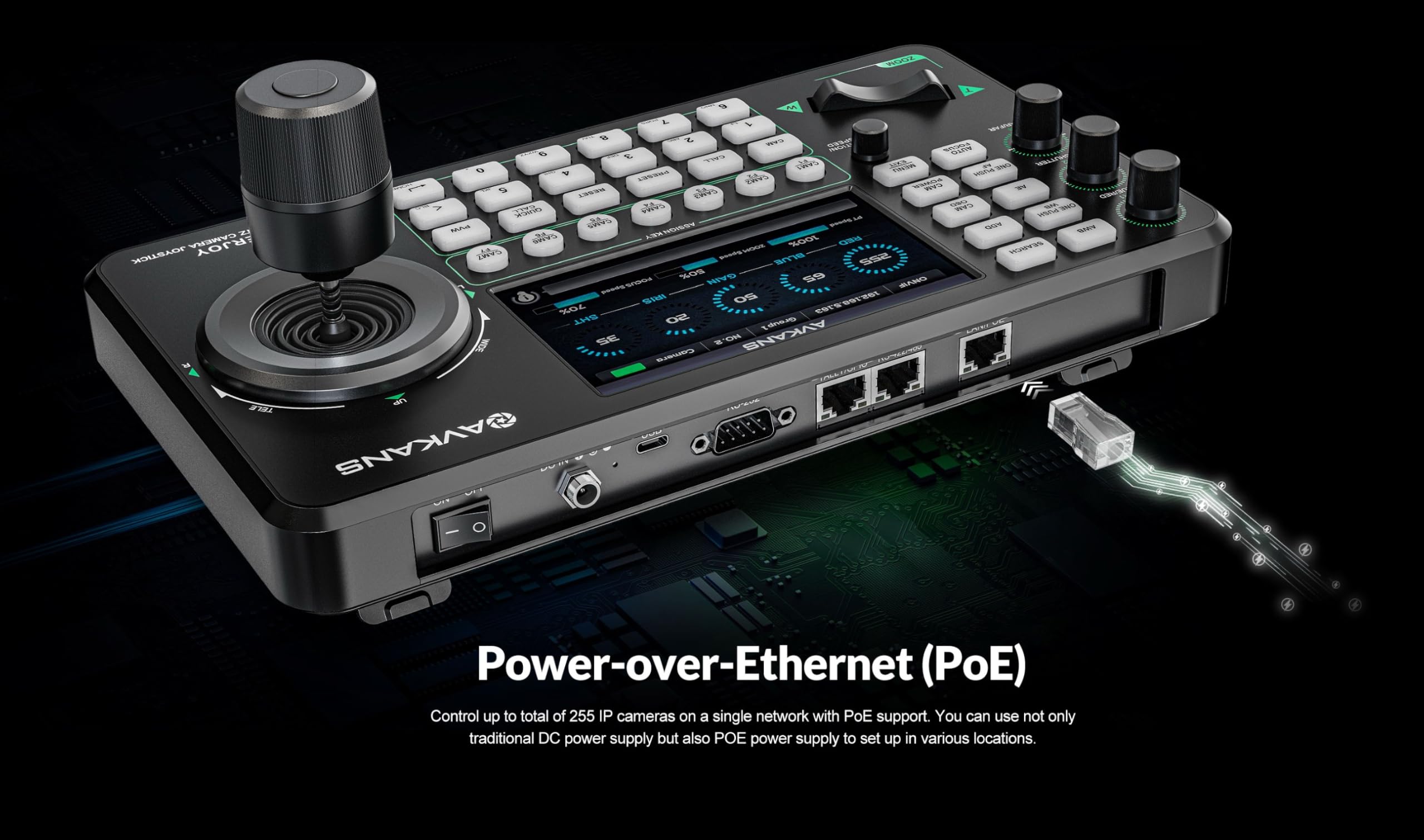 AVKANS PowerJoy PTZ Camera Joystick Controller, IP NDI PTZ Camera Controller Keyboard with 4D Joystick for Worship Church Live Streaming, NDI License Included (PTZ Controller with 5 inch Screen)