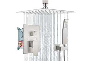 Aolemi Ceiling Mount Shower System Rain Shower Head with Handheld Spray High Pressure Shower Faucet Set Rough-in Valve Shower Trim Kit Included Bathroom Brushed Nickel 12 Inch Ceiling Shower Head