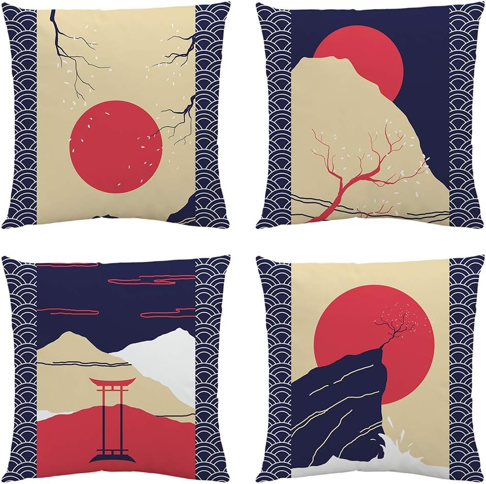 Sahvie's Treasures Japanese Room Decor – Pillow Covers 18x18 Set of 4 – Soft Throw Pillows for Couch –Throw Pillow Set for Japanese Decorations- Unique Blue and Red Decorative Pillow Covers