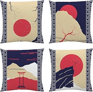 Sahvie's Treasures Japanese Room Decor – Pillow Covers 18x18 Set of 4 – Soft Throw Pillows for Couch –Throw Pillow Set for Japanese Decorations- Unique Blue and Red Decorative Pillow Covers