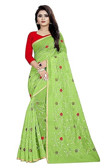 Womens Chanderi Cotton Blend Linen Embroided Style Saree with Unstitched Blouse Piece