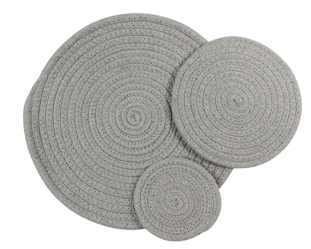 Ranvi Modern Colorful Woven Round Placemats Combination, Easy to Clean & Protects Your Tabletop, 3 PCS (Large, Medium, Small), Gray