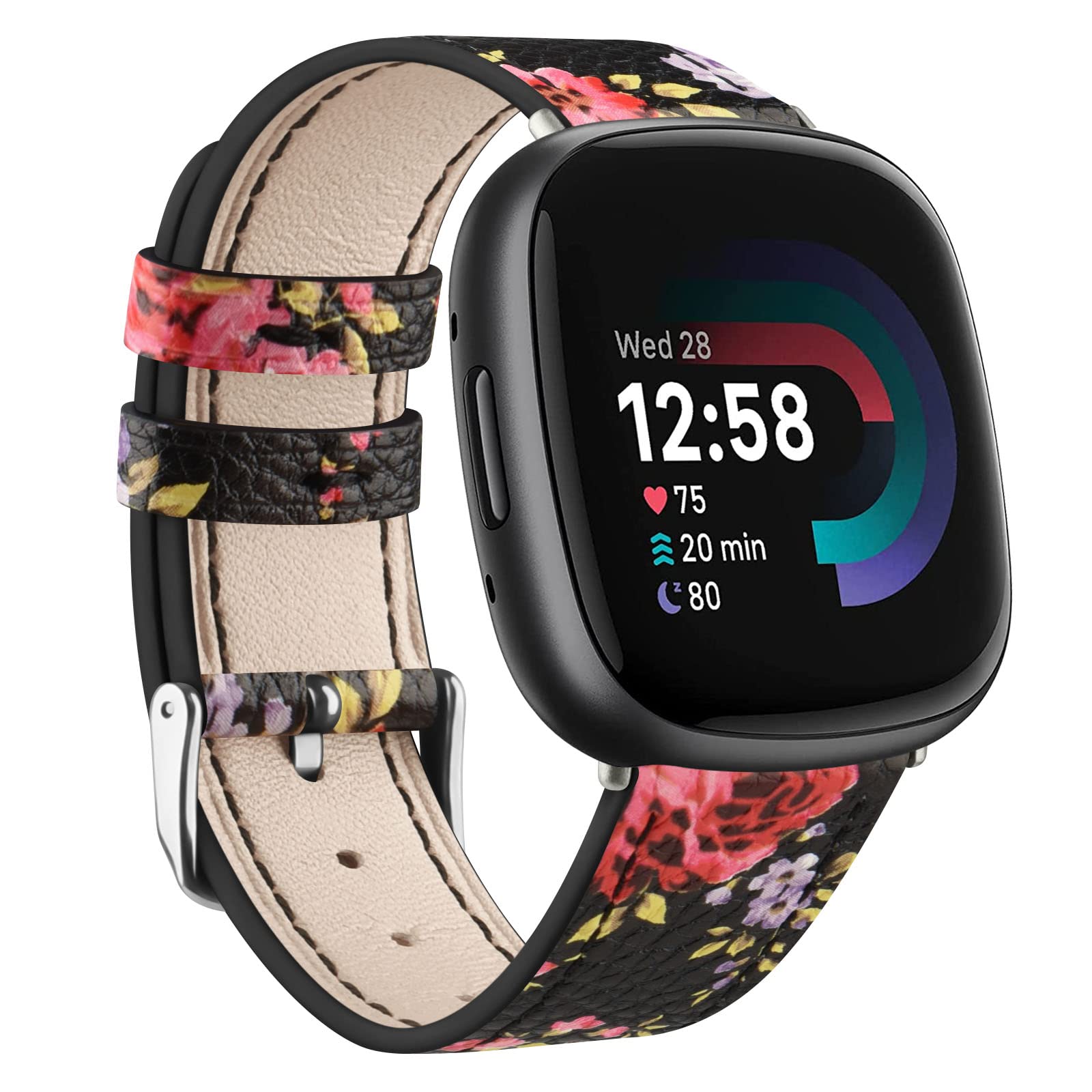 Leather Straps for Fitbit Versa 4 / 3 / Sense 2 / Sense, Women & Men, Genuine Leather (Black Pink Flower) — image 1