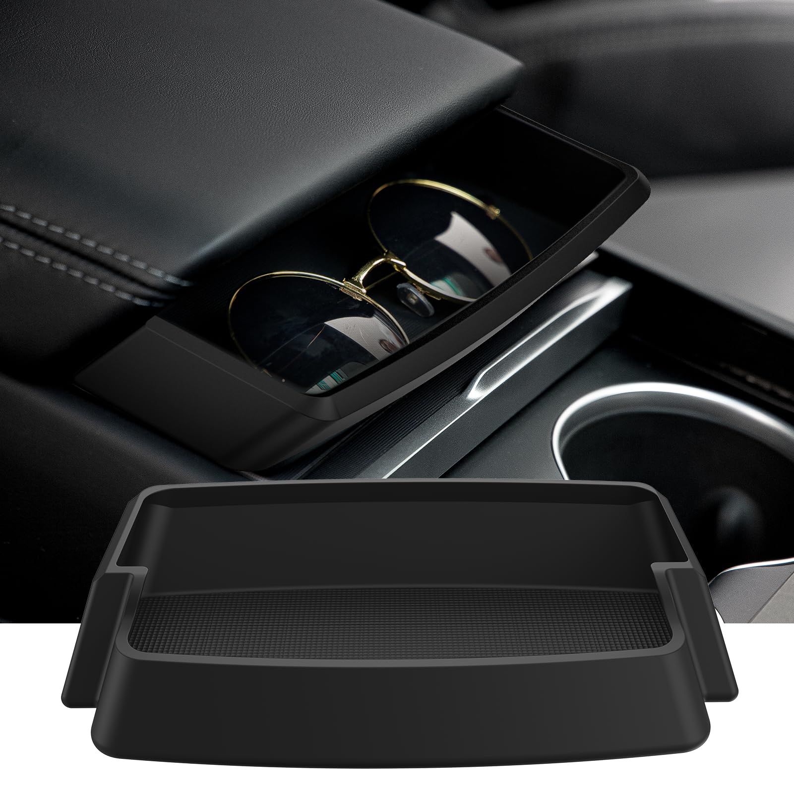 Photo 1 of 2026 Center Console Sunglasses Holder for Tesla Model Y Juniper & Model 3 Highland, Armrest Key Card Phone Holder Storage Box for 2025 2026 Model Y Juniper Model 3 Highland Interior Accessories