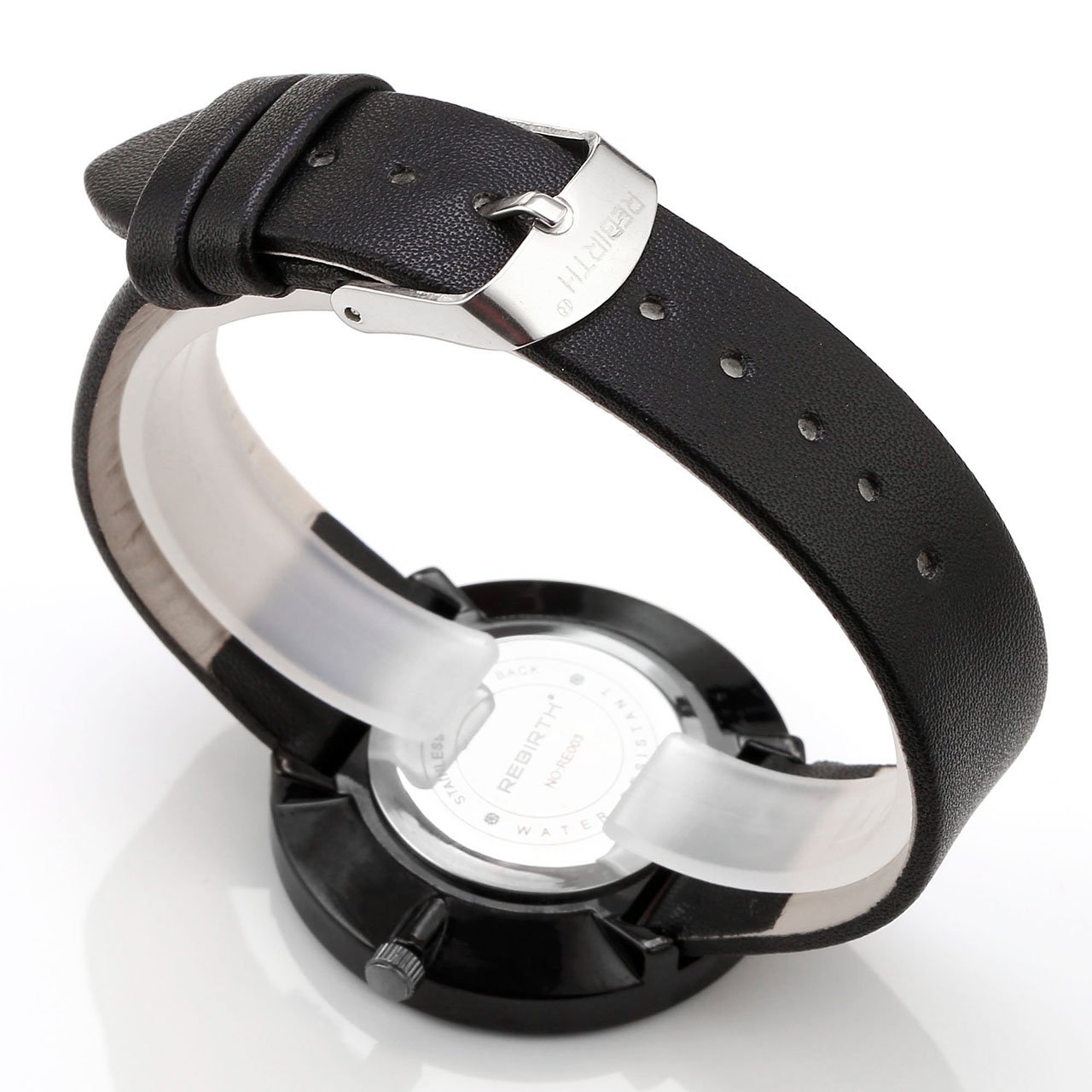 JSDDE Armbanduhr Set,Japanische Uhrwerk Lederband Schwarz Uhr+Armband Unisex 8MM Matte Schwarz Achat Magnet Stein Armreif