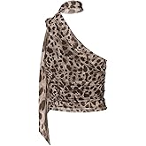 QJQ Women's Leopard Print Halter Crop Tops Cheetah Sleeveless Going Out Tops Y2k Sexy Slim Fit Shirt with Scarf