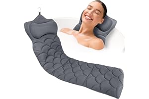 REEZEIVI Full Body Bath Pillow,Thick Bathtub Cushion with Laundry Bag,Bath Pillow with 13 Non-Slip Suction Cups,Soft 3D Mesh Fabric,Bathtub Cushion for Headrest Neck and Back Support (Gray)