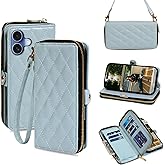 Rssviss Crossbody Case for iPhone 17 Case Wallet, RFID Blocking Leather with Card Holder Kickstand, Handbag Zipper Flip Cover with Wrist Strap for iPhone 17 Men Women 6.3", Blue