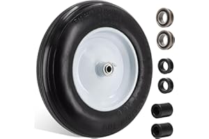 PONTUSS 4.80/4.00-8" Flat Free Tire Wheelbarrow Tire with 3/4 & 5/8 Wheel Bearing 3" Hub 13"-16" Universal Fit Air Less Tire Solid Wheelbarrow Tire for Garden Cart Wagon Ribbed Tread Foamed Polyurethane Tire