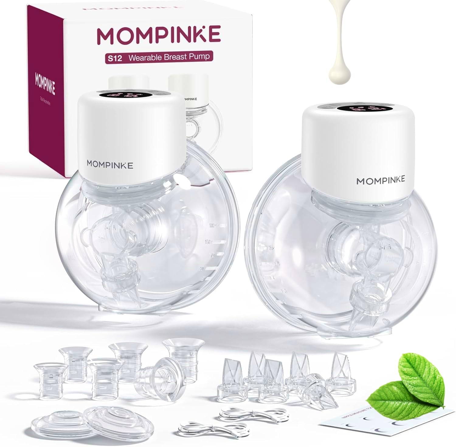 Photo 1 of MOMPINKE Wearable Breast Pump S12, Hands Free Wearable Breastfeeding Pump with Adjustable Suction, Electric Portable Wireless Breast Pump, 24mm, 2 Pack, White