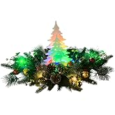Svndlyn Lighted Christmas Centerpiece with Timer and Wooden Reindeer | Multicolor, Flashing Lights,Red Green Gold Ornaments,Pinecones and Silver Berries for Dining Table or Mantel