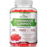Zazzee D-Mannose Gummies, 1000 mg per Serving, 60 Vegan Gummies | Strawberry Flavor, Non-Sugar-Coated, Potent &amp; Fast-Acting, All-Natural Urinary Tract Health Support, Made in the USA