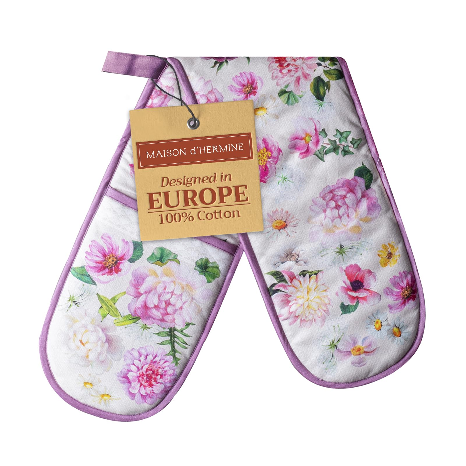 Maison d' Hermine Double Oven Mitts 100% Cotton 18 cm x 89 cm Double Oven Mitt Heat Resistant BBQ Cooking Gloves with Loop Baking Grilling Handling Hot Pans Gifts for Mothers Day (Pivoine)