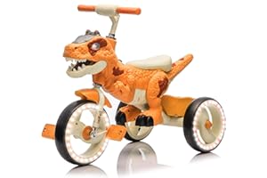 NEWDOOD Dinosaur Kids Tricycle for Rider, Toddlers Kid Trike Bike Big Wheel with Wide Flash Wheels, Anti-Slip Pedals, Storage Basket, Music & LED Lights, Kids Bike for 3-6 Year Old Girls & Boys (Orange)