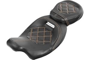 FQQF XFMT-moto-part Low-Profile Leather Seat Pillion Passenger Rider Seat Set For Harley Touring Road King Street Glide Road Glide Electra Glide CVO 2009-2020,Orange Stitching,Style 2