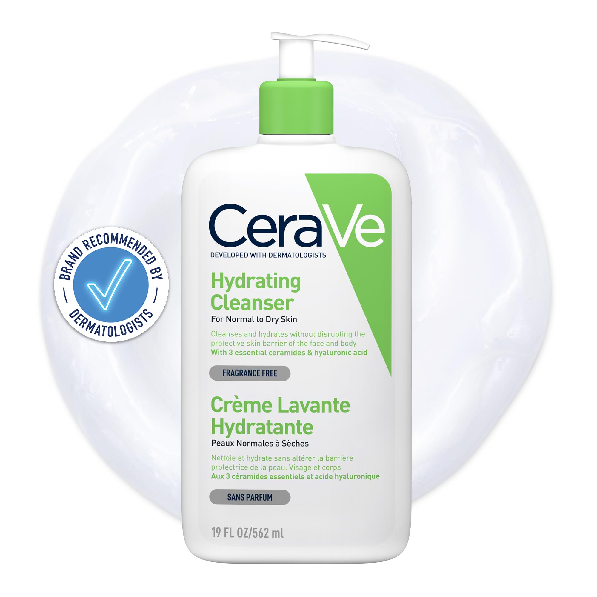 CeraVe Hydrating Cleanser, Face & Body, With 3 essential ceramides & hyaluronic acid, Fragrance & soap free, For normal to dry skin, 562 ml/19 fl oz — image 1