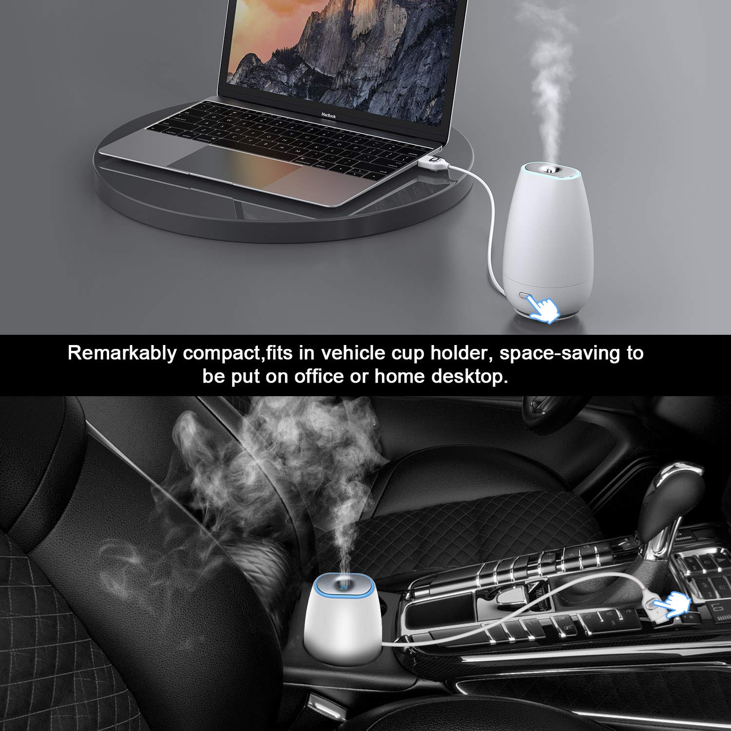 MADETEC Ultrasonic Car Diffuser for Essential Oils, Portable Mini USB Humidifier for Home,Desk，Travel, Office, Baby Bedroom with 7 Colors Night Light and Auto Shut-Off - (White)