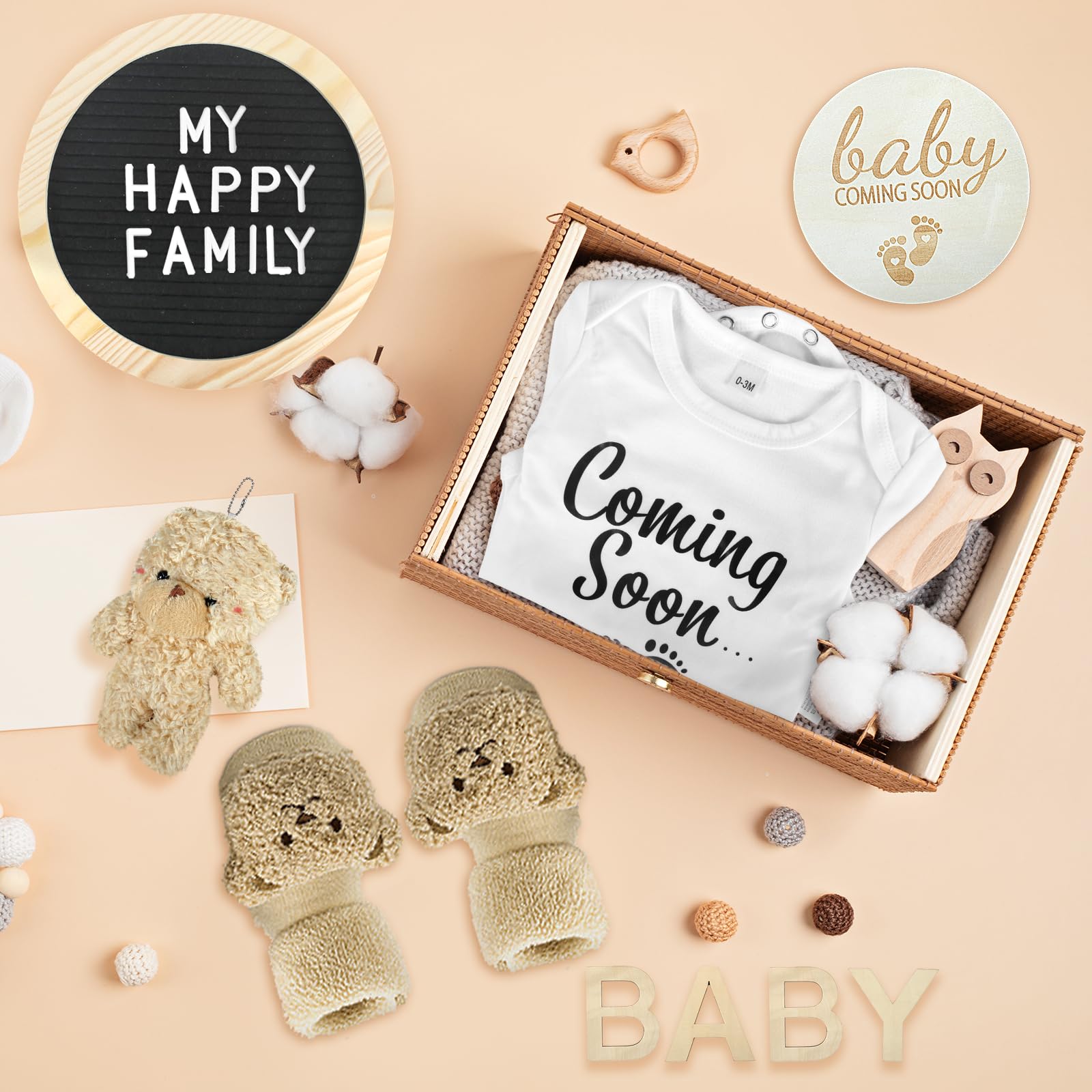 Pregnancy Announcements Set - Reveal Ideas Include Felt Letter Board Kit, Bodysuit, Socks, Wood Letters, Bear Plush, Blocks for Coming Soon Baby Announcement