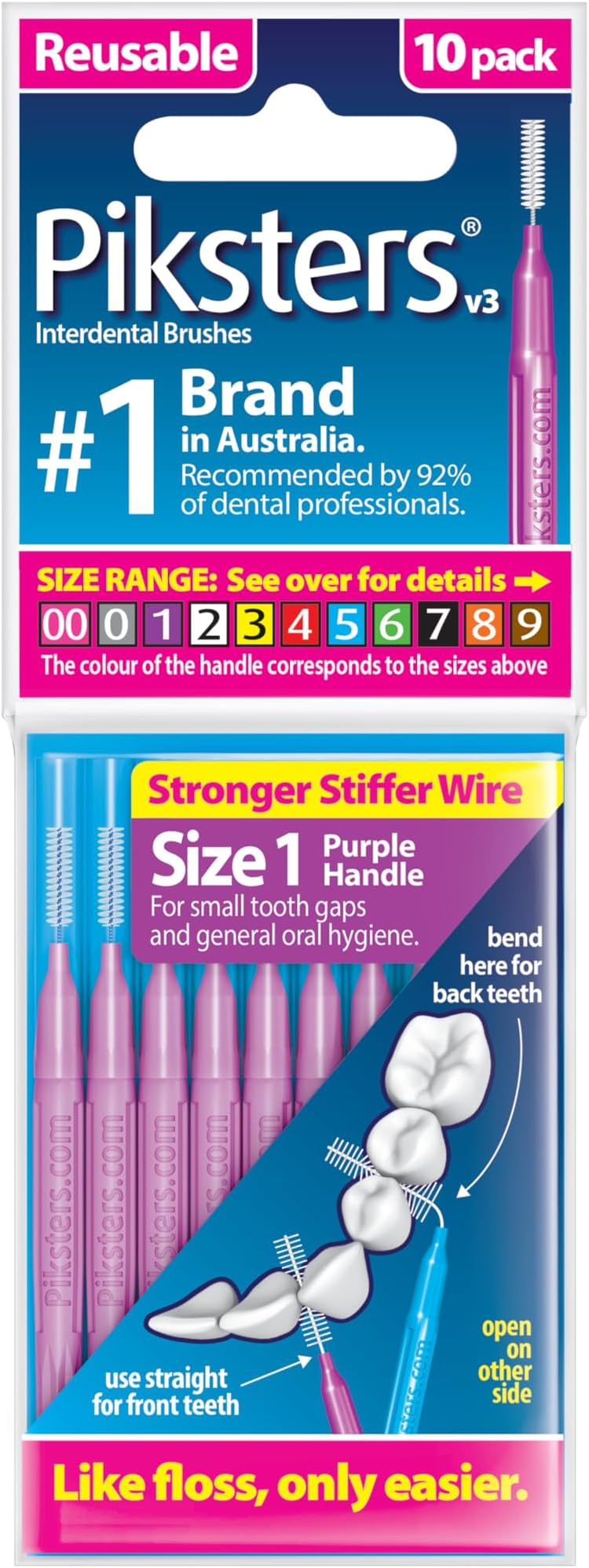 Piksters Interdental Brushes Size 1, 10pk, Purple, For Tight Gaps