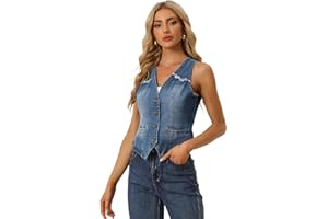 Allegra K Denim Vest for Women's Sleeveless V Neck Washed Distressed Y2K Jean Waistcoat Jacket