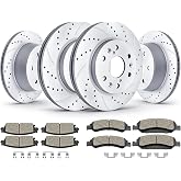 Acinoparts Front and Rear Brake Kit for Cadillac Escalade | Chevy Silverado 1500 Tahoe GMC Yukon Drilled and Slotted Brake Rotors Ceramic Brake Pads