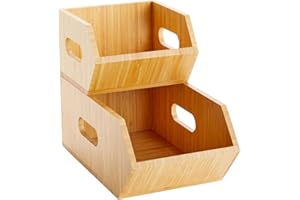 2 Pack Stackable Bamboo Wood Storage Bins, Organization Boxes for Kitchen Pantry (2 Sizes)