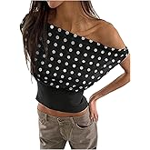 Milumia Women's Polka Dots Off Shoulder Crop Tank Tops Y2K Cap Sleeve Ruched Going Out T-Shirts