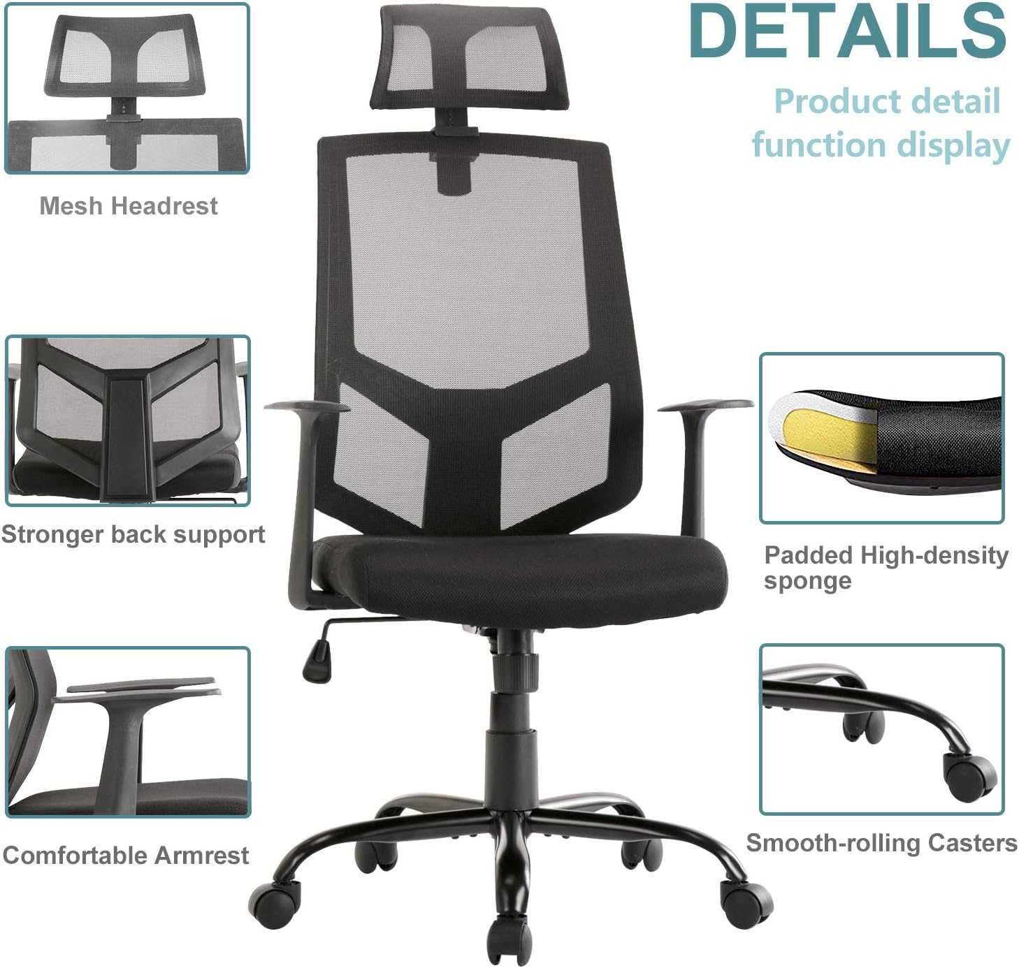 SMUGDESK Ergonomic Lumbar Support Mesh High Back Office Desk Task Chair, Black: Furniture & Decor