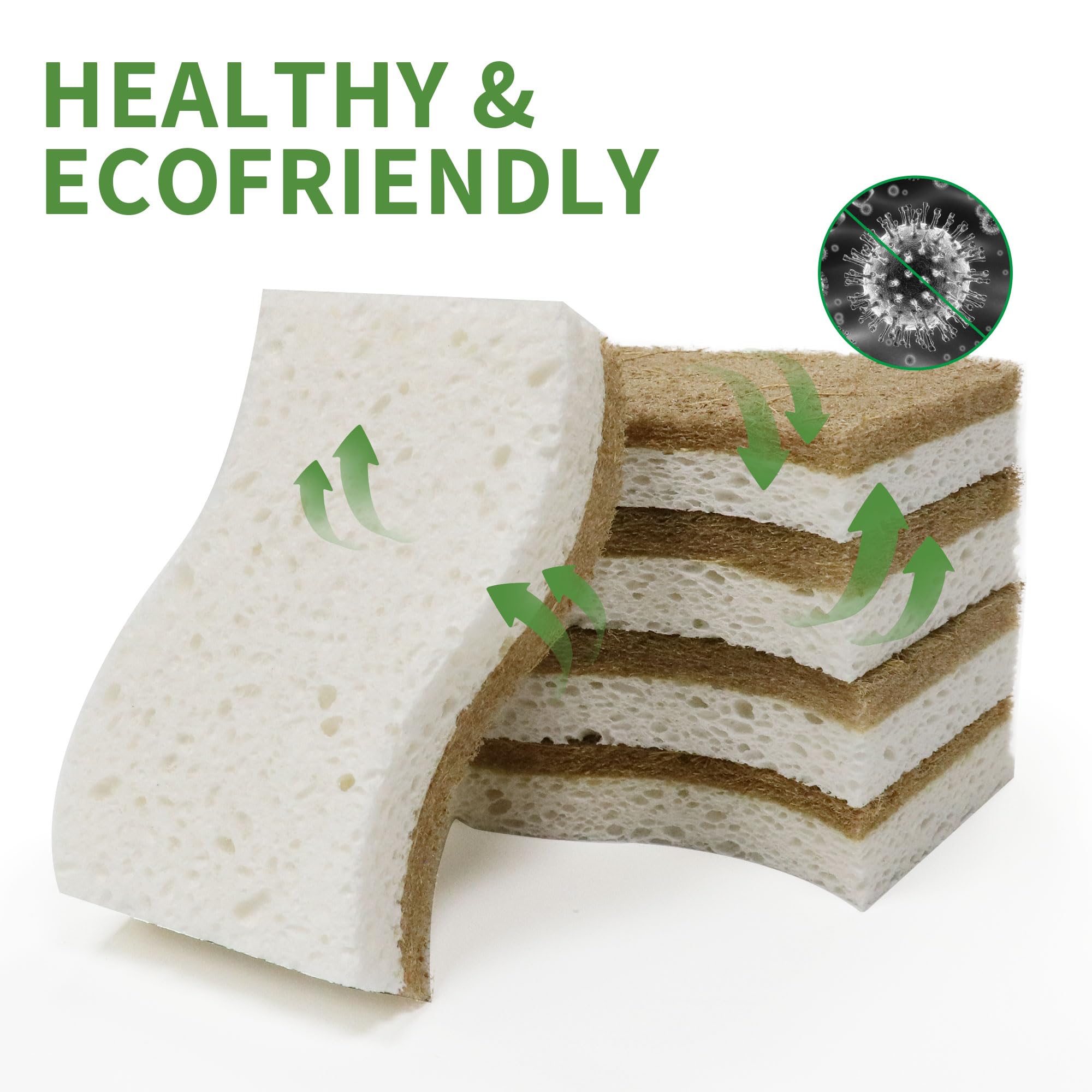 9 Pack Biodegradable Natural Kitchen Sponge - Compostable Cellulose and Coconut Walnut Scrubber Sponge - Eco Friendly Sustainable Sponges for Dishes