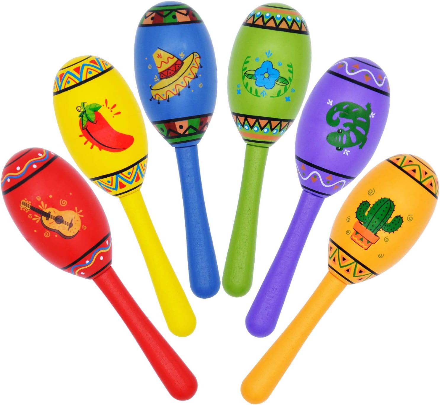 24 Mini Wooden Fiesta Maracas 6 Designs Noisemaker for Mexican Fiesta, Cinco De Mayo Party Favors, Musical Fun, Birthday Parties, Luau Party, Carnivals, Taco Tuesday Event: Toys & Games