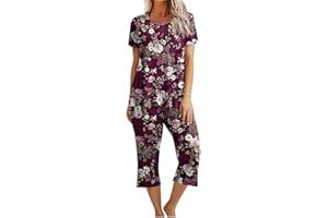 yardsong Lounge Sets for Women 2 Piece Capri Pajama Set Short Sleeve Crew Neck Tops Cropped Pants Comfy Soft Sleepwear Pjs