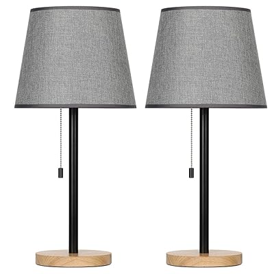 HAITRAL Modern Table Lamps - Minimalist Bedside Lamps Set of 2 with Solid Wood Base &amp; Pull Chain Switch, Nightstand Lamps for Bedroom, Living Room, Office, Dorm, Den (HT-TH12-02X2)