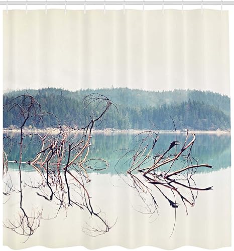 66x72 Pouces Rideau De Douche En Bois Flotte Branche Theme De L Arbre Tombe Pres Du Lac De Montagne Et De La Foret Decor De Salle De Bain En Tissu Avec Crochets Creme Vert Amazon Fr Cuisine