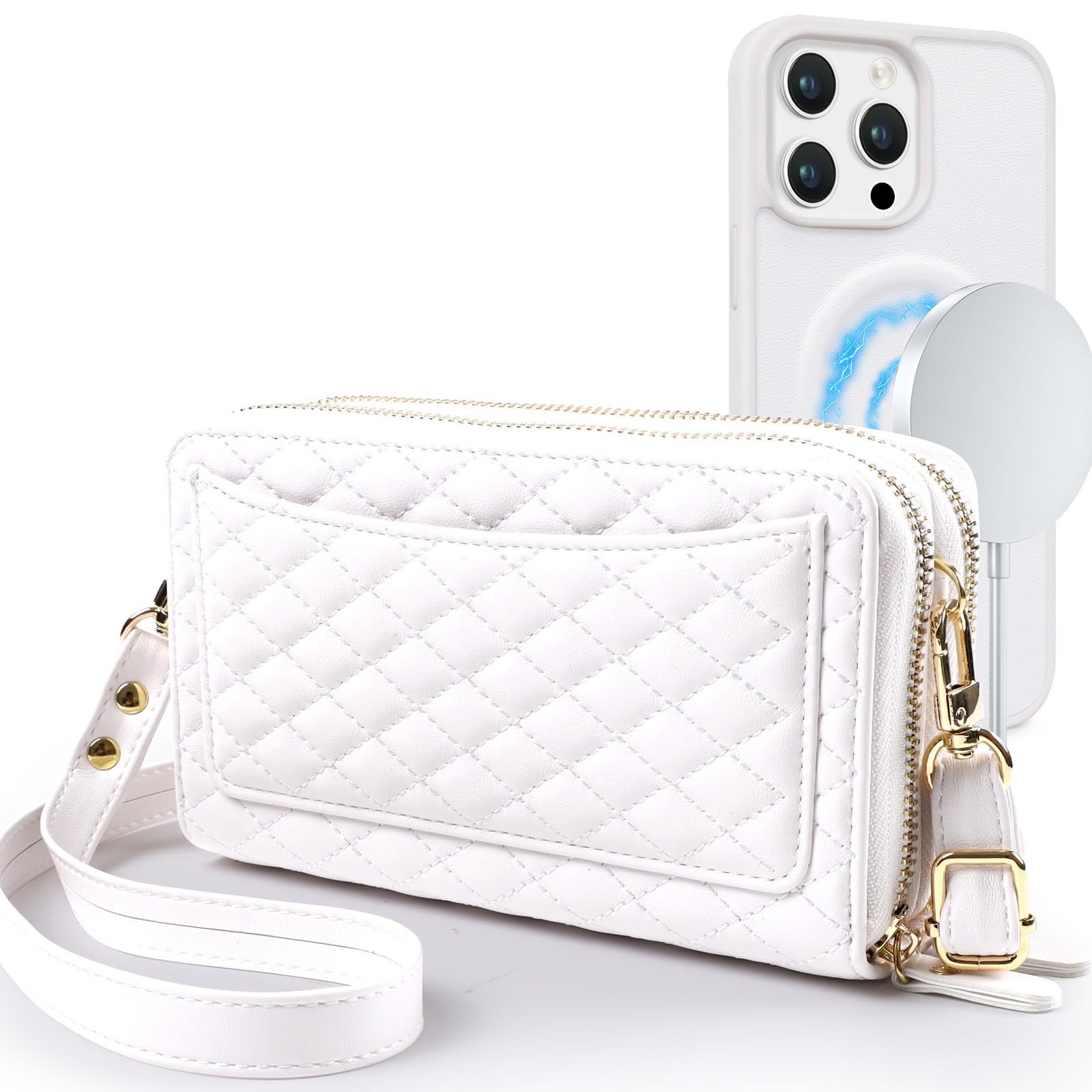 Harryshell Compatible with iPhone 16 Case Wallet Multi Zipper Detachable Removable Cover Purse with RFID Blocking Card Slots Holder Mirror Crossbody Strap (Compatible with Magsafe - White)