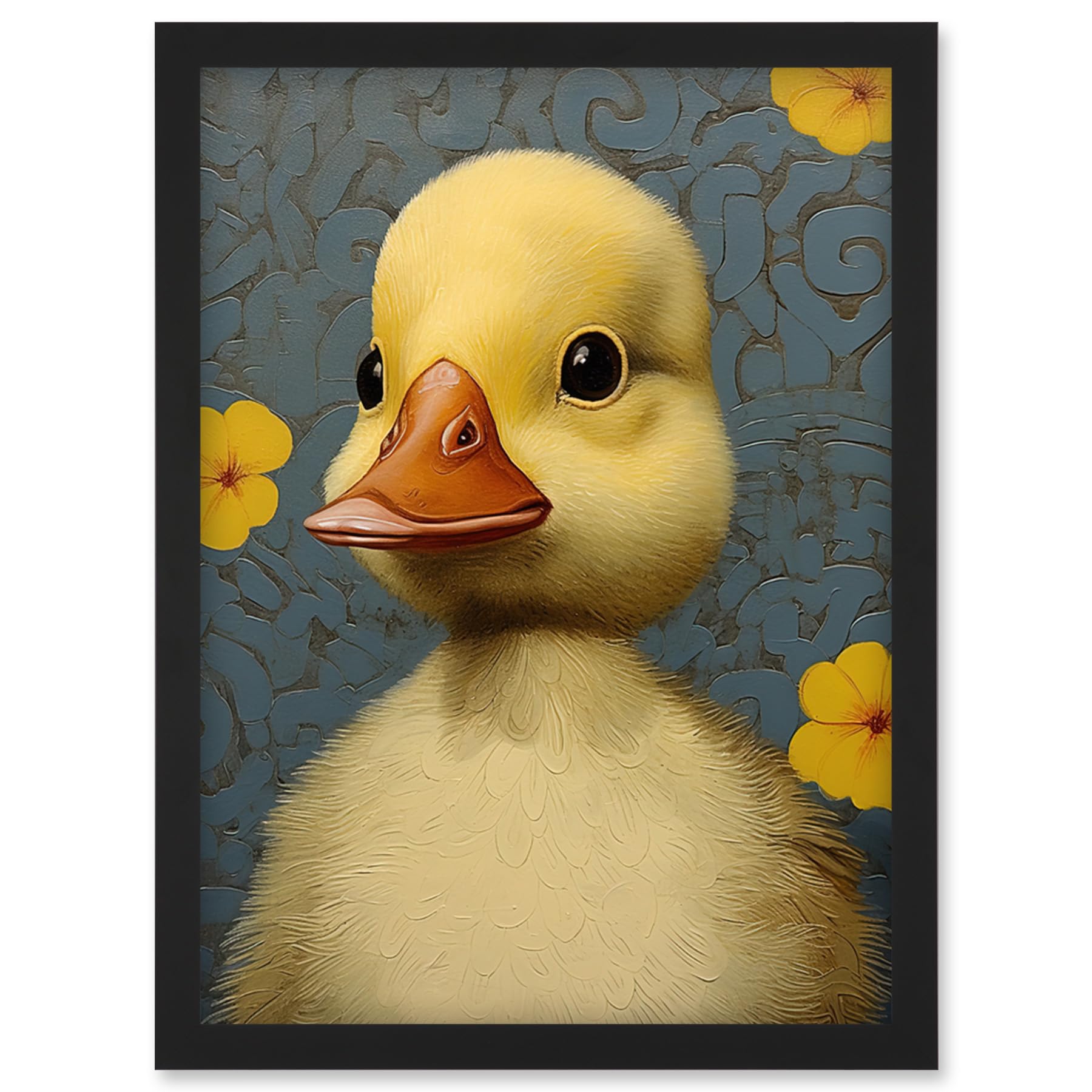 Artery8 Duckling with Flowers Oil Painting Kids Bedroom Baby Nursery Duck Artwork Framed Wall Art Print A4