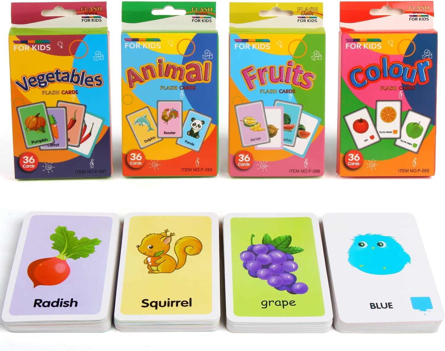 VEYLIN Kids Flash Cards, 144PCS Educational Flash Cards for Kids 4 Sets - Animals, Vegetables, Fruits and Colours, Learning Cards for Preschool and Kindergarten