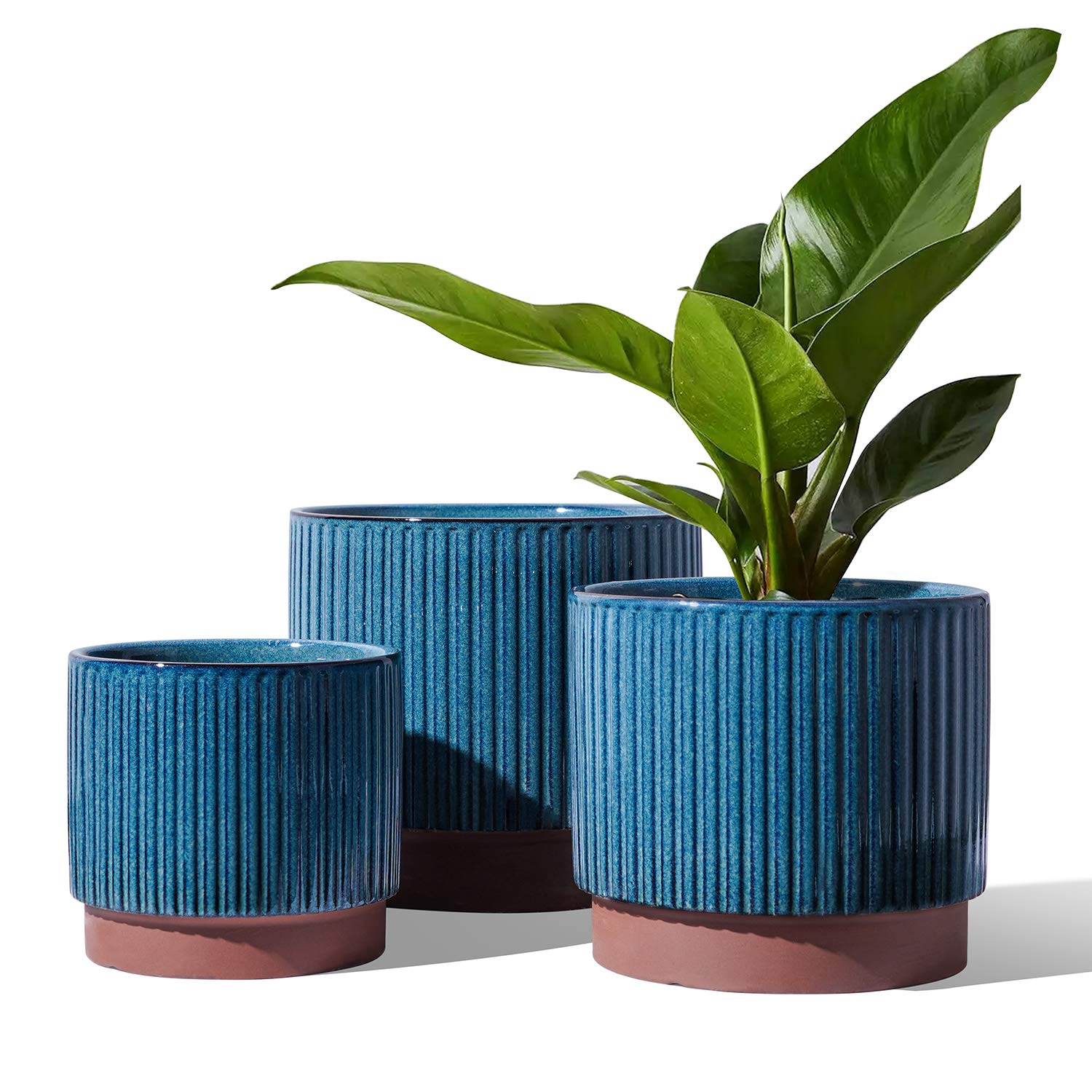 LE TAUCI Plant Pots with Drainage Holes, 8+6.5+5.5 Inch Ceramic Outdoor Planter Pots, Stripe Planters for Plants Flower, Small to Large Size, Set of 3, Reactive Glaze Blue