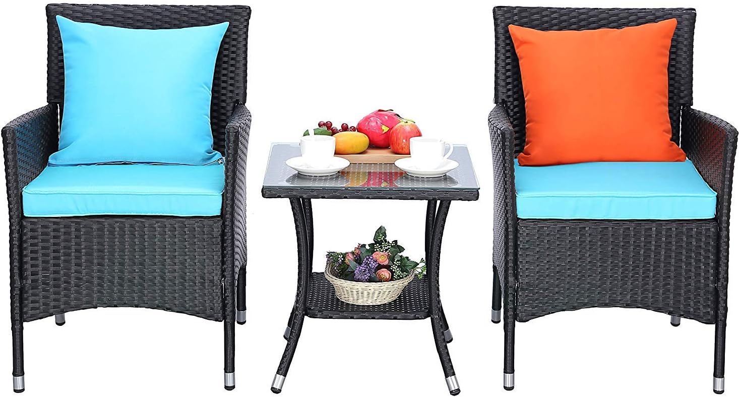 HTTH 3 Pieces Patio Porch Furniture Sets PE Rattan Wicker Chairs Thick Cushion with Tempered Glass Tabletop Outdoor Conversation Garden Backyard Furniture Sets (4 line Wicker-TRQ Cushion)
