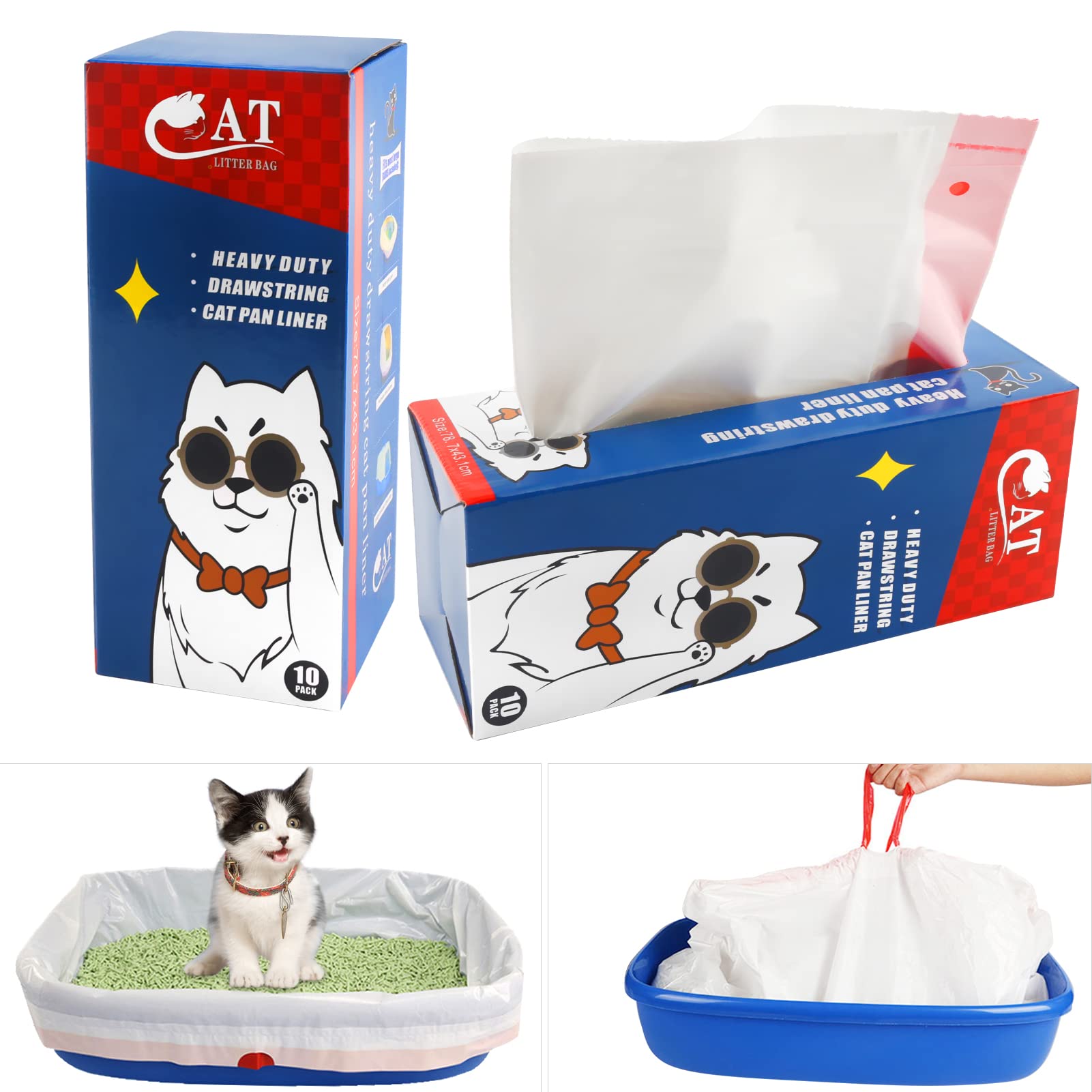 10 Pcs Litter Tray Liners, Cat Litter Tray Liners Scratch Resistant Bags, Thickened Cat With Drawstrings, Cat Litter Bags for Ordinary or Large (91.4x48.3cm)
