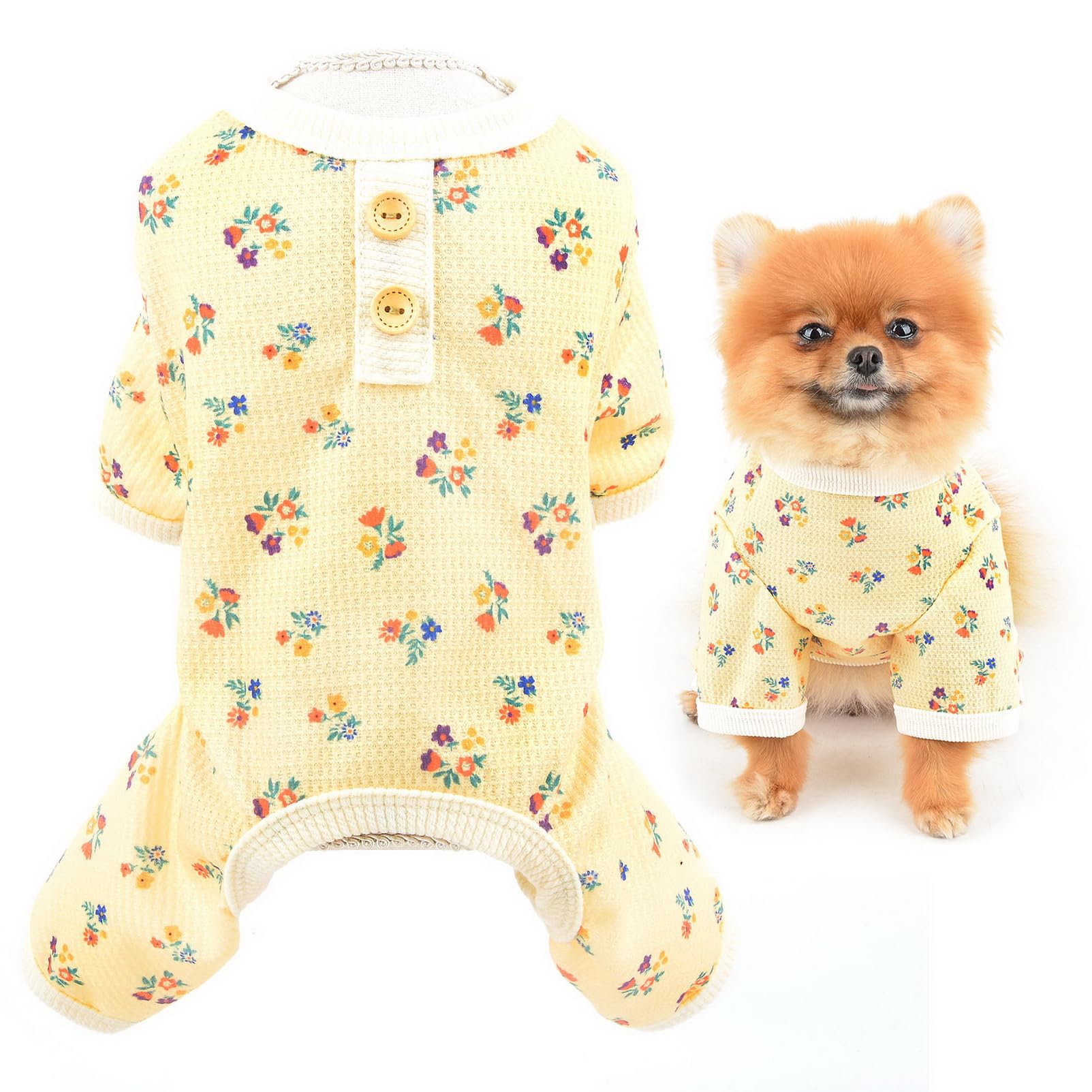SMALLLEE_LUCKY_STORE Small Dog Clothes Cute Floral Waffle Knit Puppy Pajamas Pjs Cat Pyjamas Stretchy Jumpsuit Warm Sleepwear Outfits for Yorkie Chihuahua,Yellow,XXL