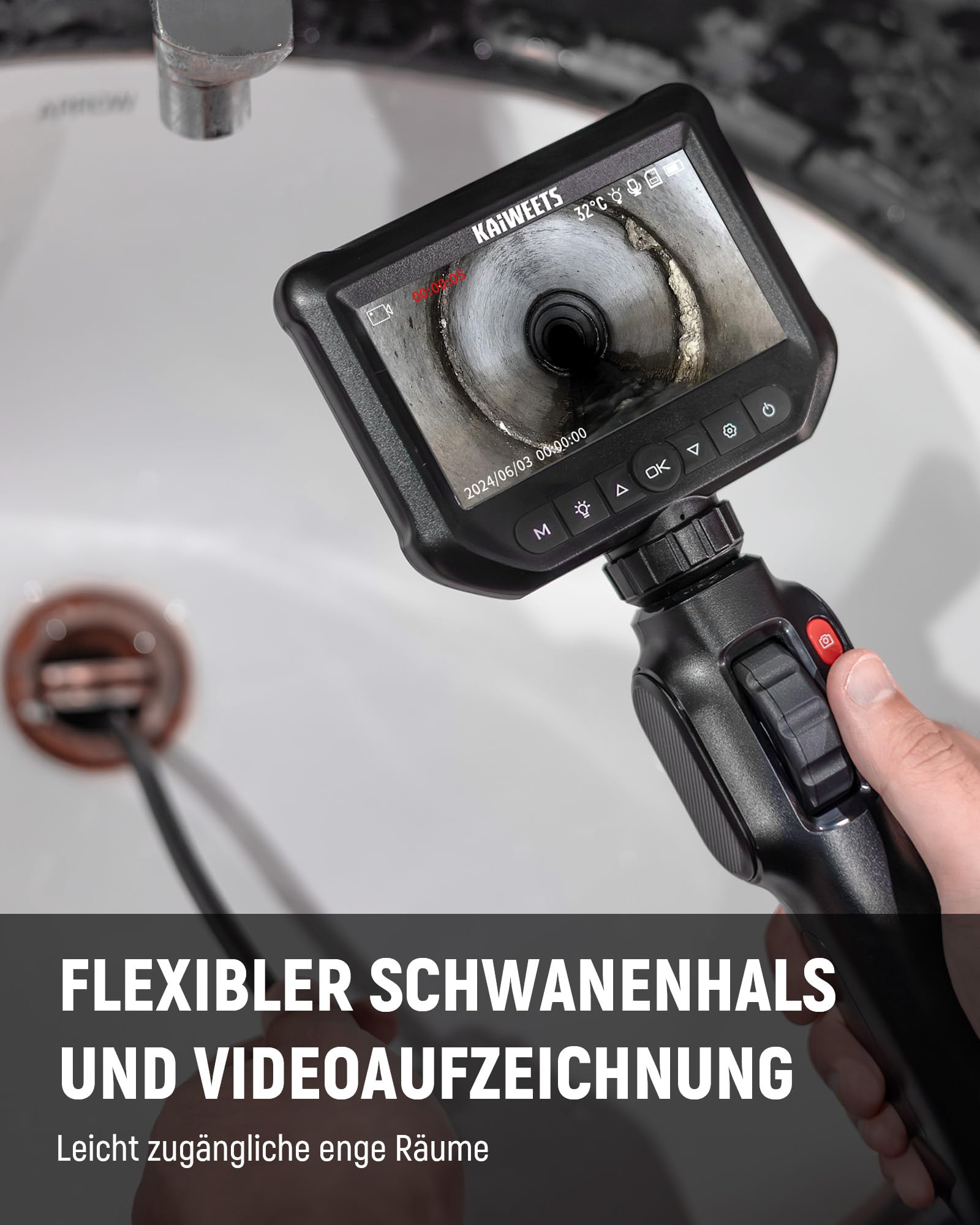 KAIWEETS Inspektionskameras Endoskopkamera mit Licht, 4,3''IPS 1080P Inspektionskamera mit Scrollradsteuerung Zwei-Wege 210° Drehung, Flexible Rohrkamera IP67 wasserdichte für Kfz und Rohrinspektion 6