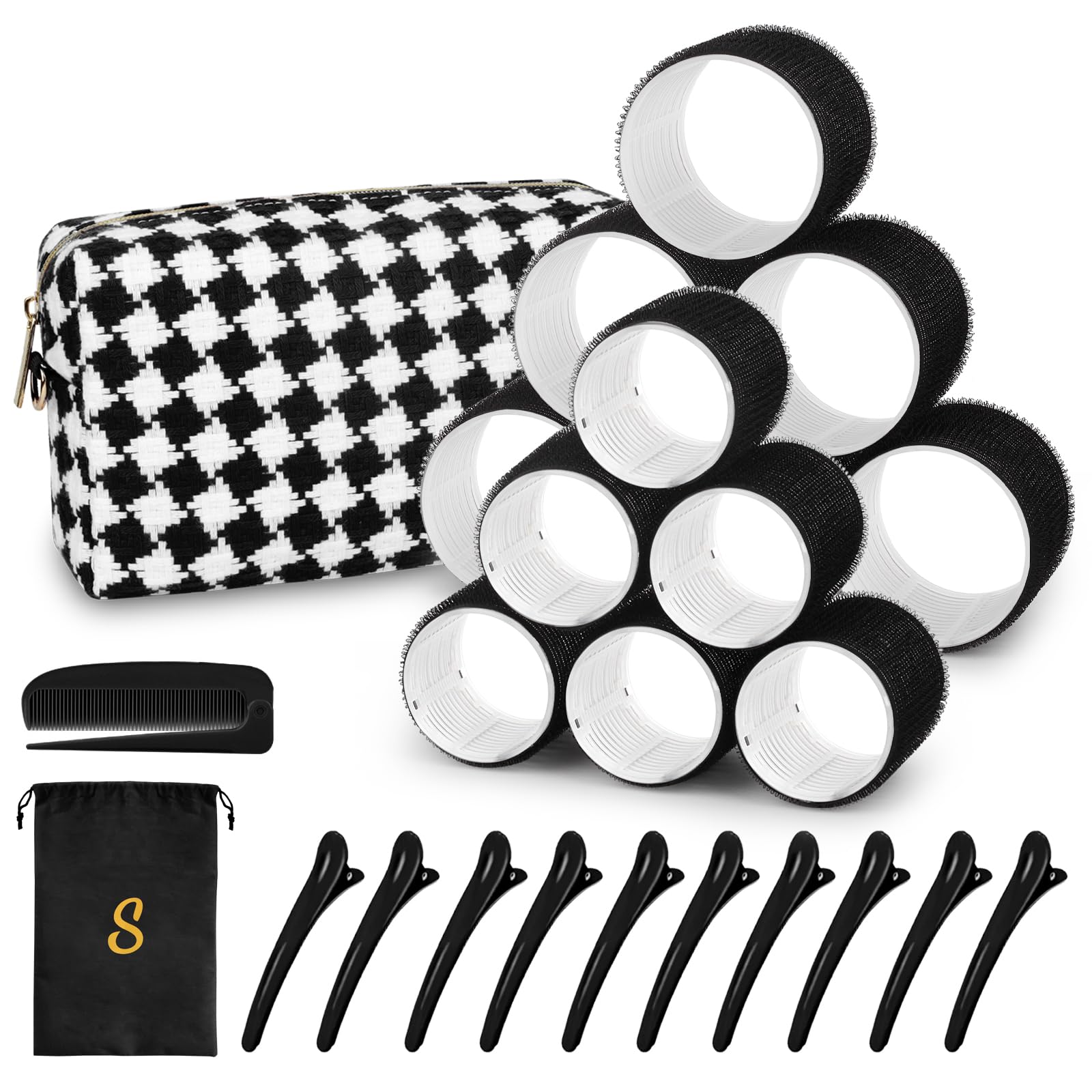 Photo 1 of Hair Roller Set 12 pcs Heatless Self Grip Rollers With Clips and Comb, Salon Curlers for DIY Styles, 2 Black Sizes in 1 Set by Sungenol