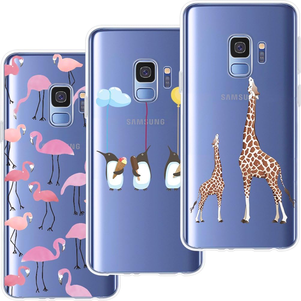 [3 Pack] Compatible with Samsung Galaxy S9 Case, Shumeifang Ultra Thin Soft Gel TPU Silicone Case Cover with Cute Cartoon for Samsung Galaxy S9 - Flamingo & Giraffe & Penguin