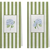 Kemingni Blue Hydrangea Floral Kitchen Dish Towels, Cottagecore Hydrangea Flower Sage Green Striped Decorative Hand Towels for Bathroom Kitchen, Green Bathroom Decor, 16x24 Inch Set of 2