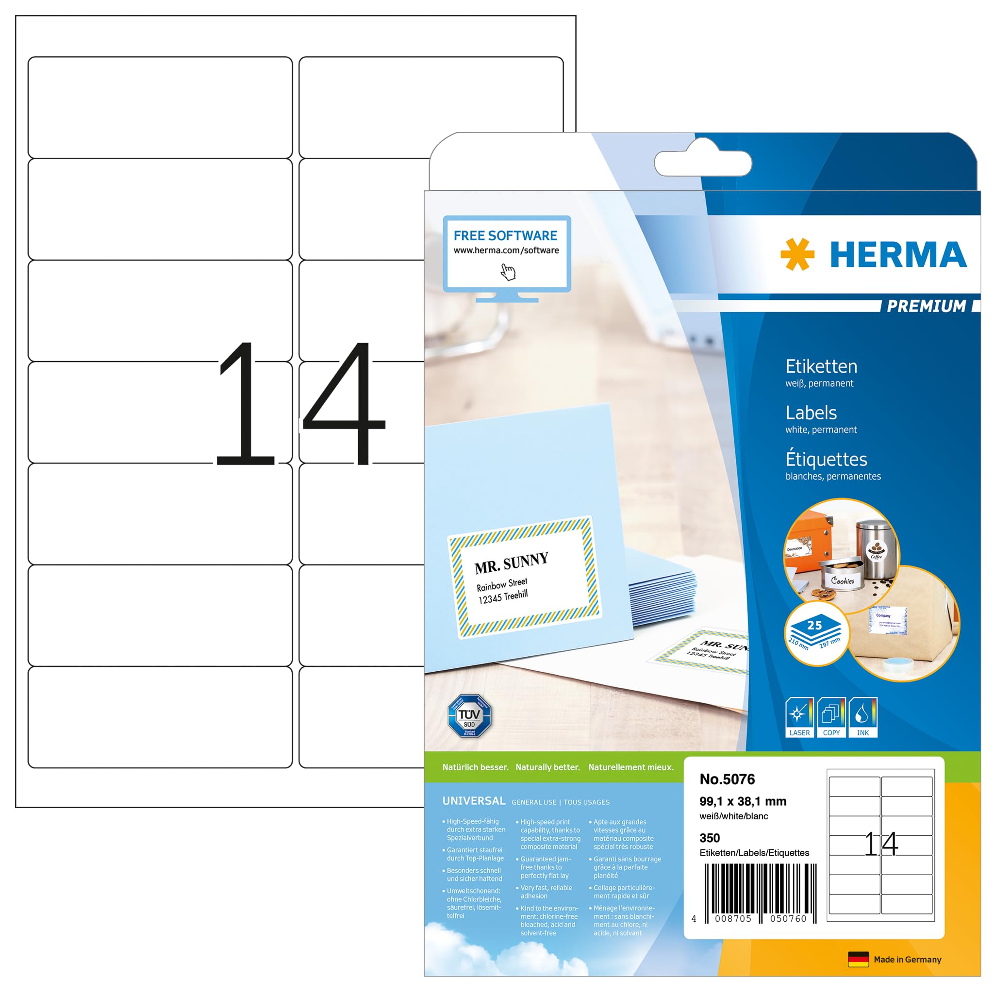 HERMA Self Adhesive Multipurpose Labels, 14 Labels per A4 Sheet, 25 Sheets, 99.1 x 38.1 mm, 350 Labels, Blank Universal Labels Stickers, Sticky Labels for Laser & Inkjet Printer, White