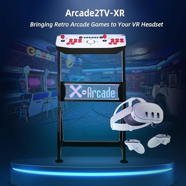 X-ARCADE VIRTUAL REALITY ARCADE MACHINE COMPATIBLE WITH META QUEST 2 AND 3/3S HEADSETS RETRO GAME MACHINE 2 PLAYER FIGHTSTICK VIDEO GAME CONTROLLER WITH TRACKBALL AND PEDESTAL STAND FOR PC MAC VR MR READY (ARCADE2TV-XR)