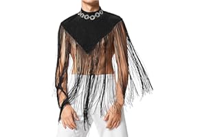 WENKOMG1 Fringe Hem Shirt for Men,Turtleneck Sexy Tank Top Tassel Shawl Sleeveless Cropped Top Party Club Pullover